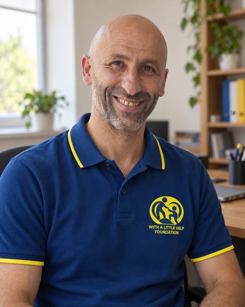 Edited portrait of our colleague from Georgia in a blue foundation polo shirt, with an illustrative office background.